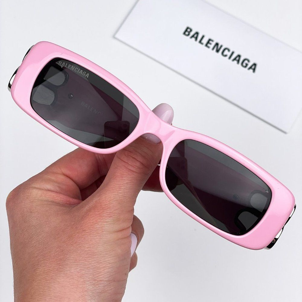 Balenciaga  BB0096S 012 Sunglasses Pink Silver Logo Grey Rectangle Unisex - Picture 3 of 12